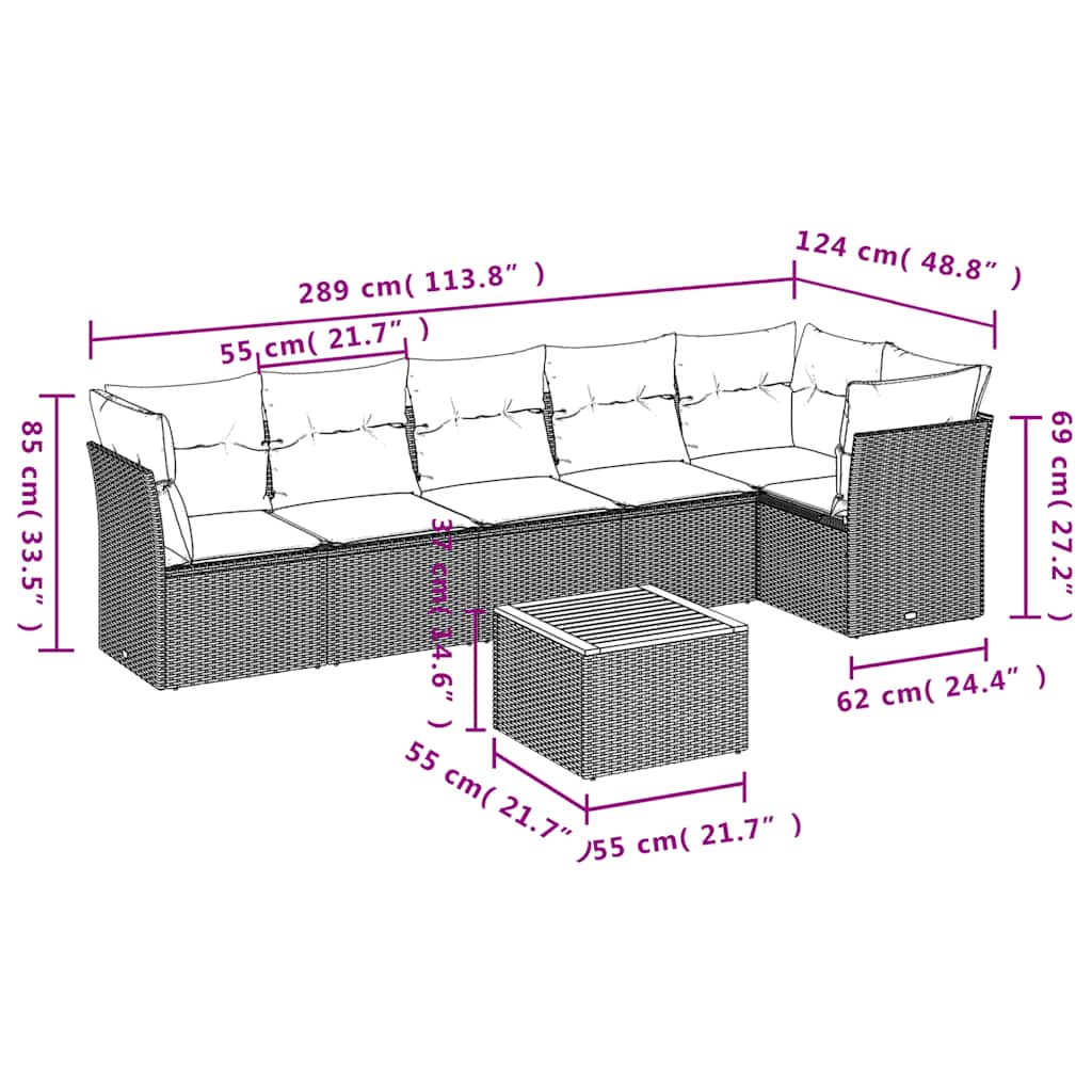 Salon de jardin 7 pcs avec coussins gris résine tressée