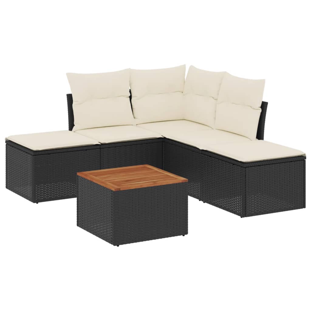 Salon de jardin 6 pcs avec coussins noir résine tressée
