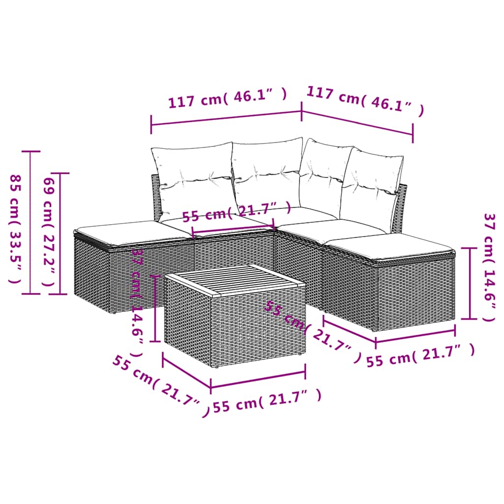 Ensemble de canapé de jardin 6 pcs avec coussins gris résine tressée
