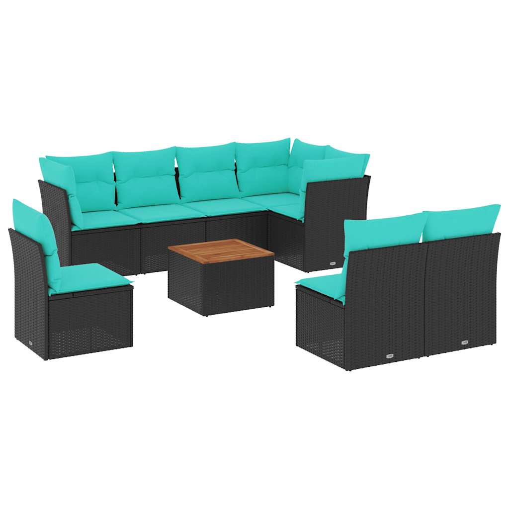 Salon de jardin 9 pcs avec coussins noir résine tressée