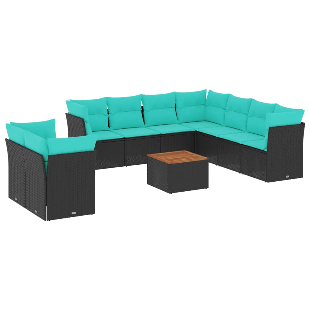 Salon de jardin 11 pcs avec coussins noir résine tressée