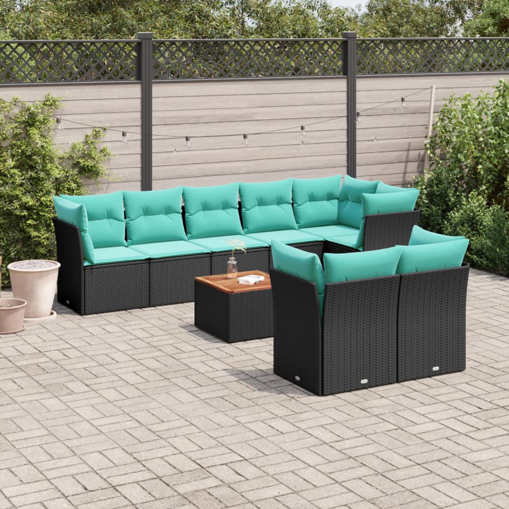 Salon de jardin 9 pcs avec coussins noir résine tressée