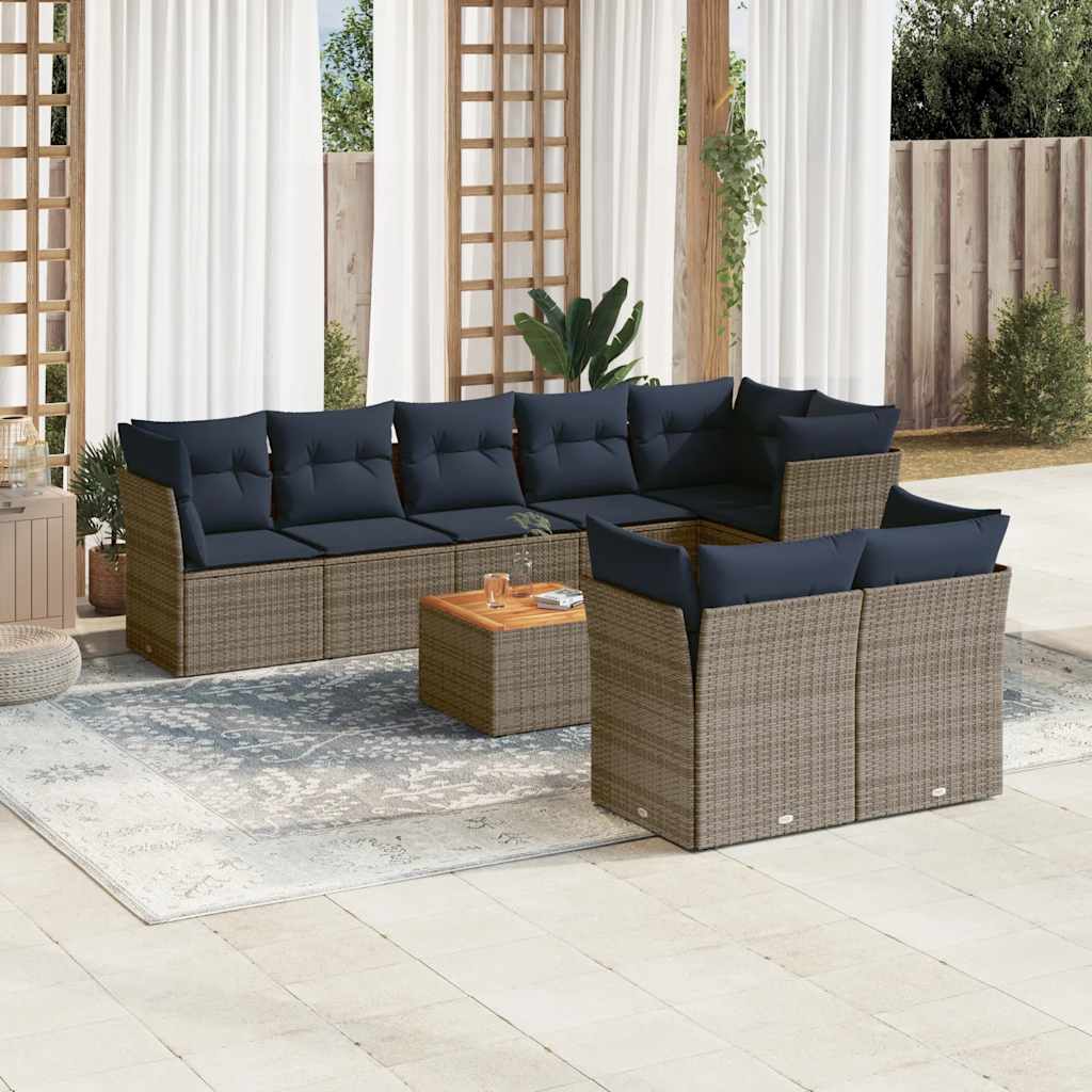 Salon de jardin 9 pcs avec coussins gris résine tressée