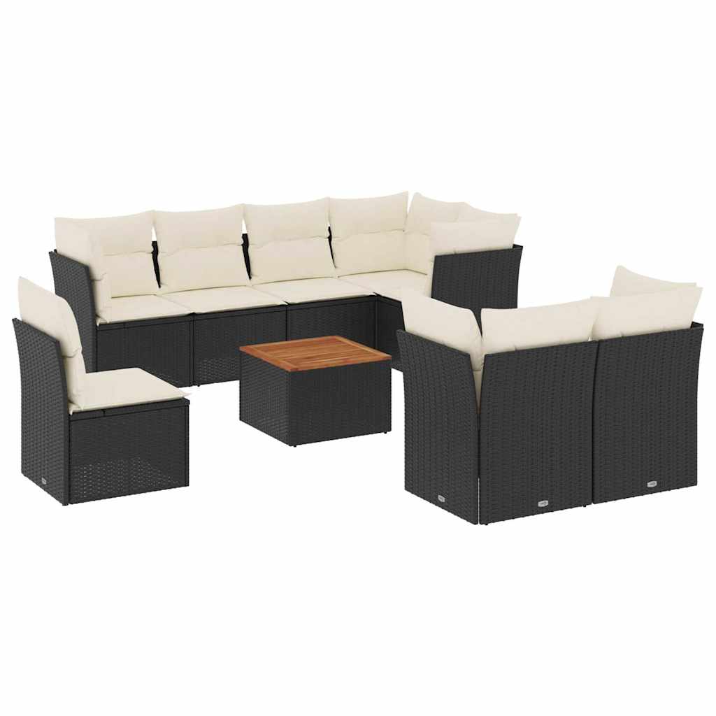 Salon de jardin 9 pcs avec coussins noir résine tressée