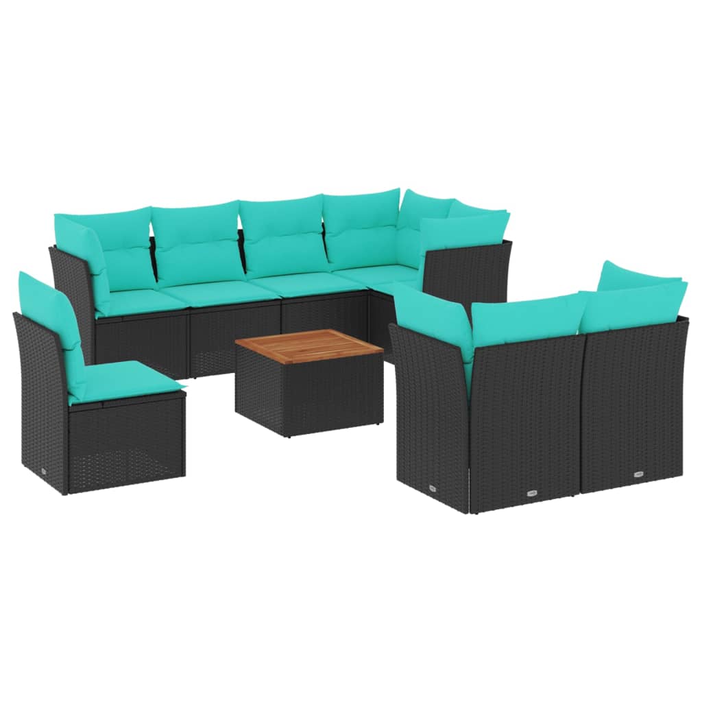 Salon de jardin 9 pcs avec coussins noir résine tressée