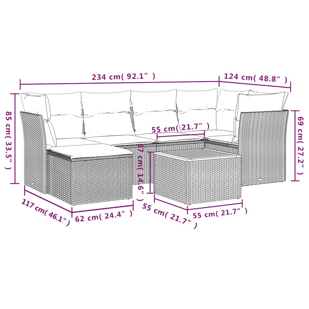 Ensemble de canapé de jardin 7 pcs avec coussins gris résine tressée