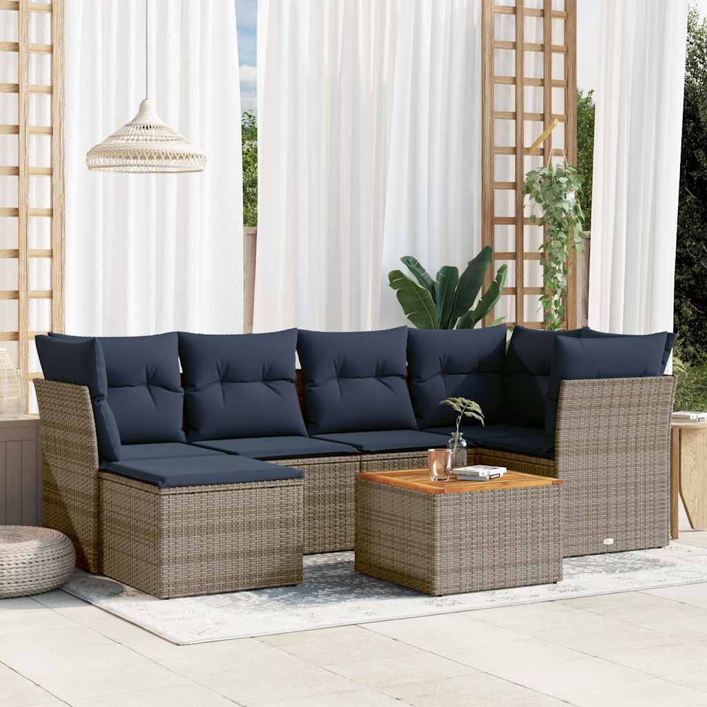 Ensemble de canapé de jardin 7 pcs avec coussins gris résine tressée