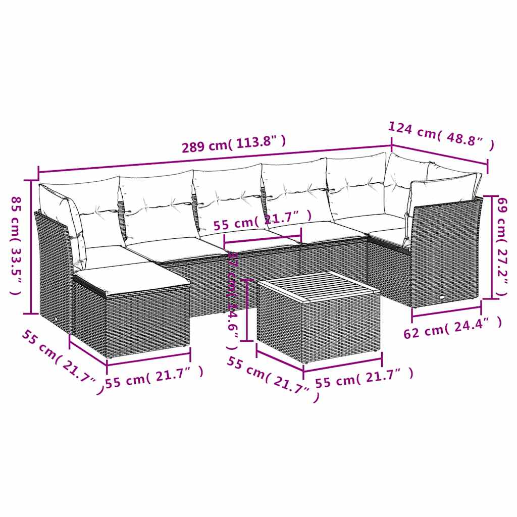 Ensemble de canapé de jardin 8 pcs avec coussins gris résine tressée