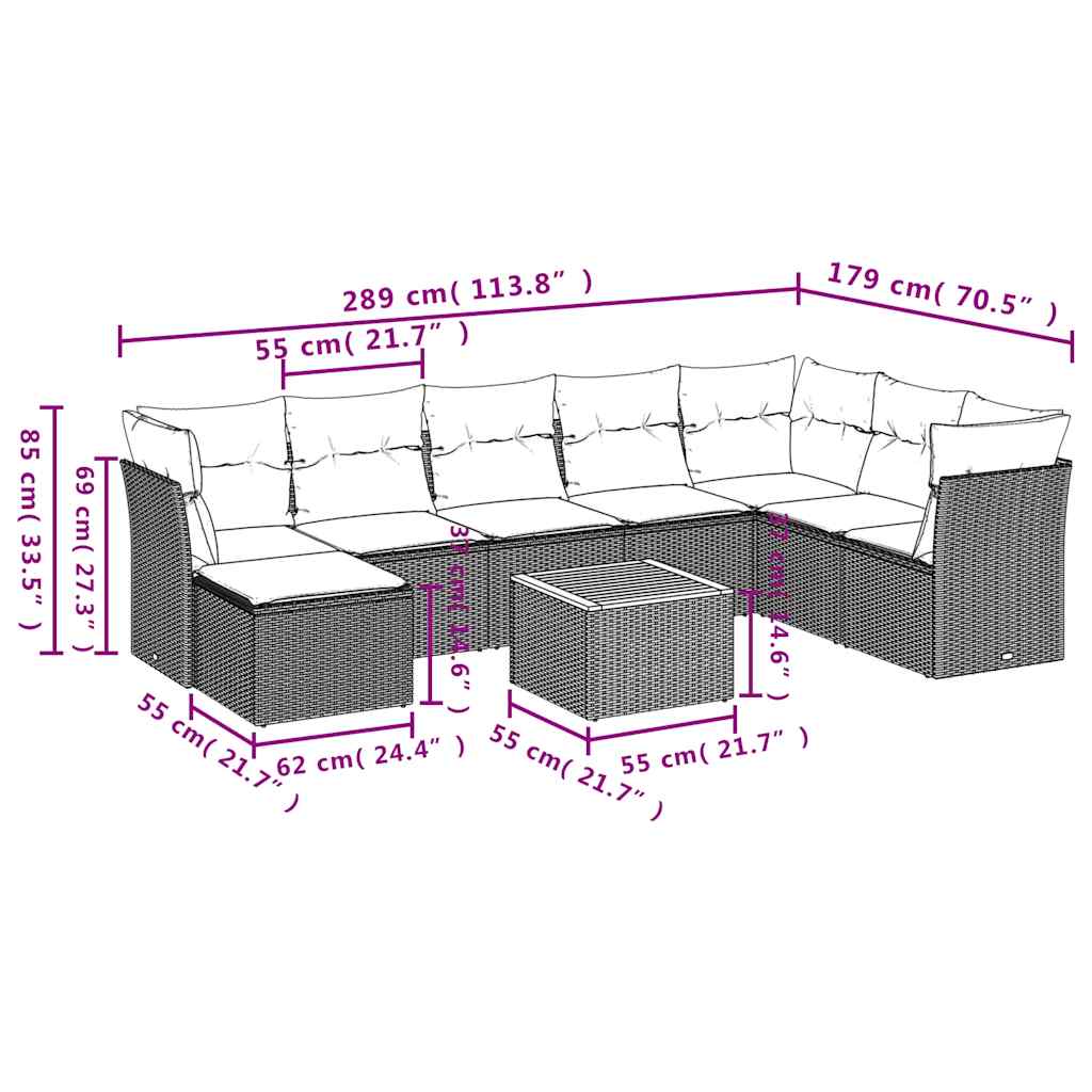 Ensemble de canapé de jardin 9 pcs avec coussins gris résine tressée