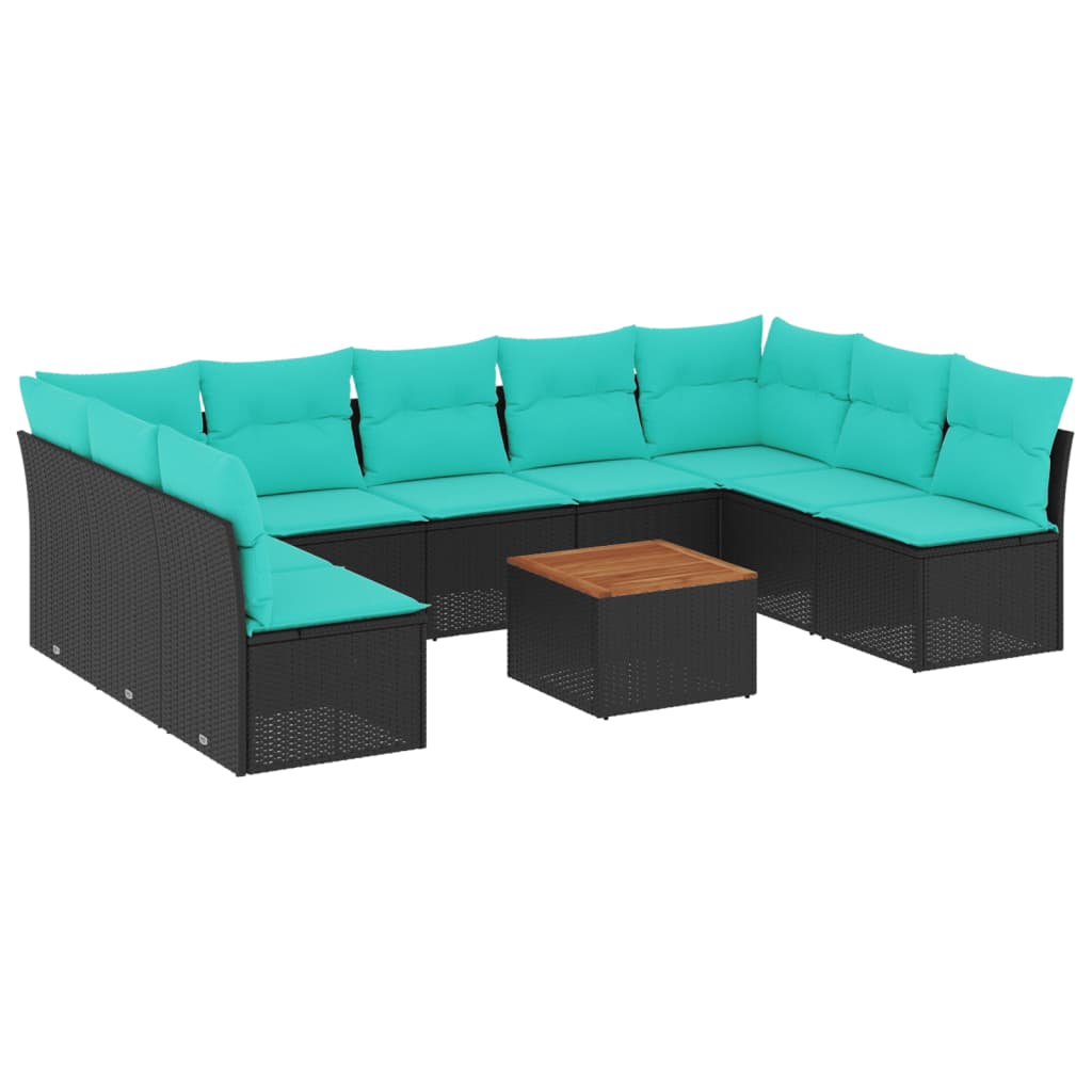 Salon de jardin 10 pcs avec coussins noir résine tressée