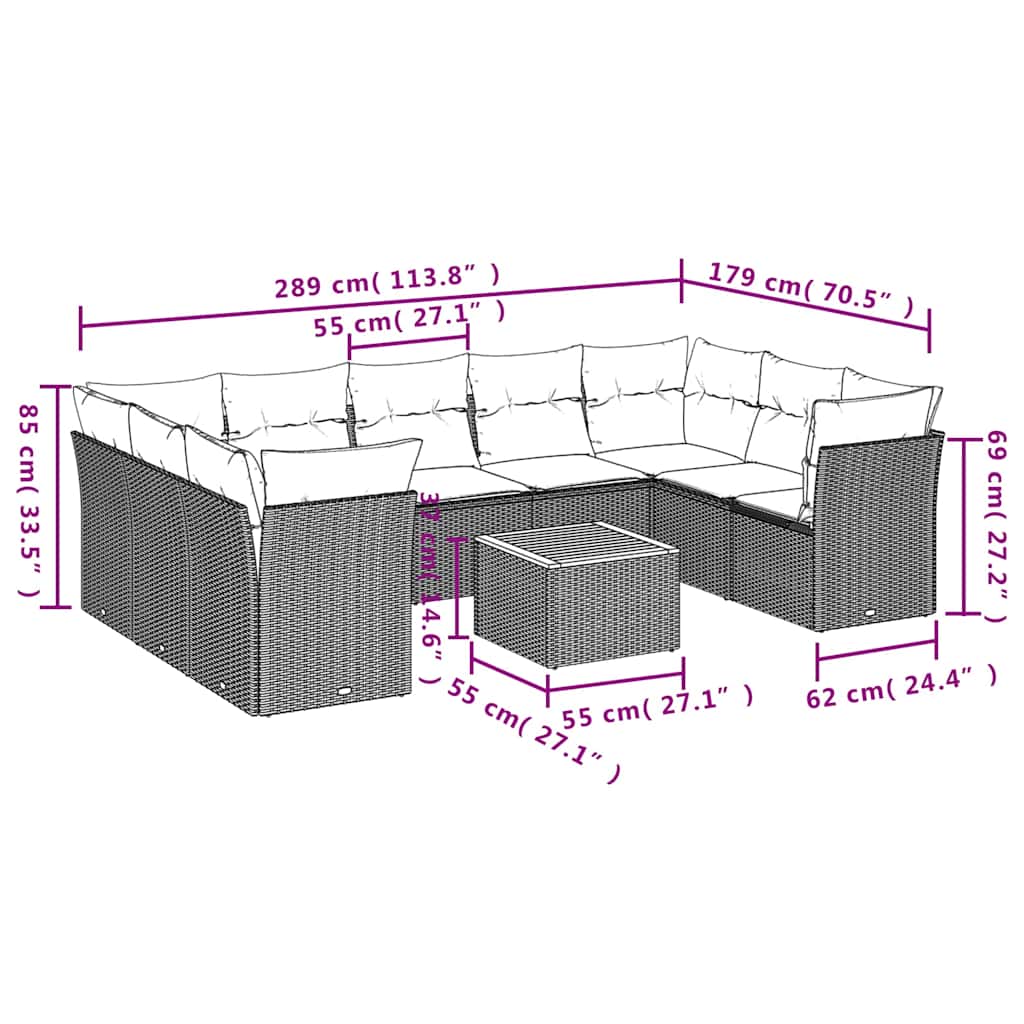 Salon de jardin 10 pcs avec coussins noir résine tressée