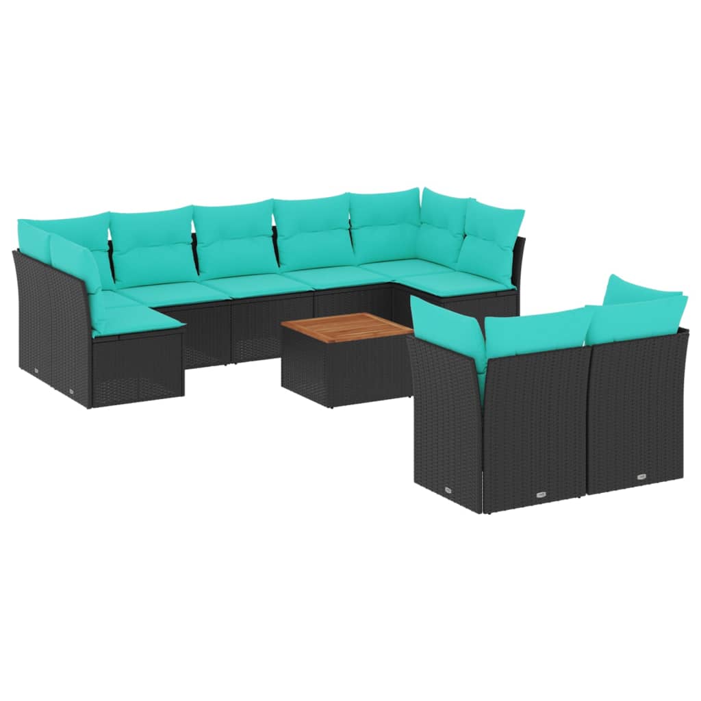 Salon de jardin 10 pcs avec coussins noir résine tressée