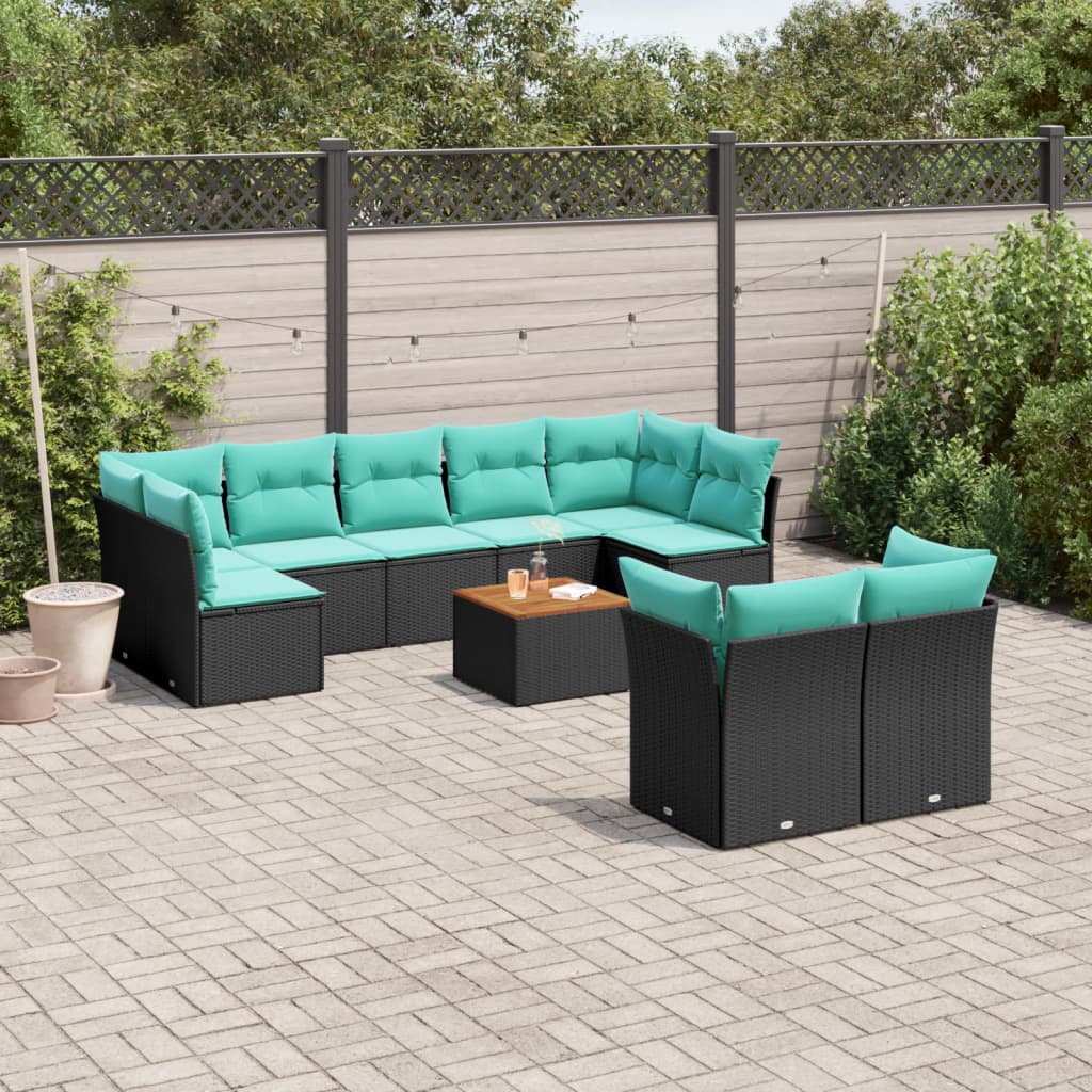 Salon de jardin 10 pcs avec coussins noir résine tressée