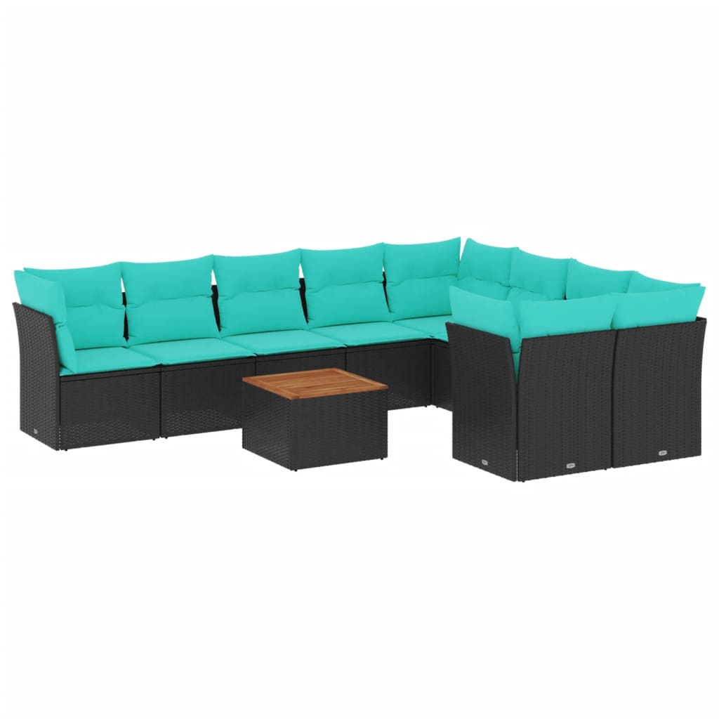 Salon de jardin 10 pcs avec coussins noir résine tressée