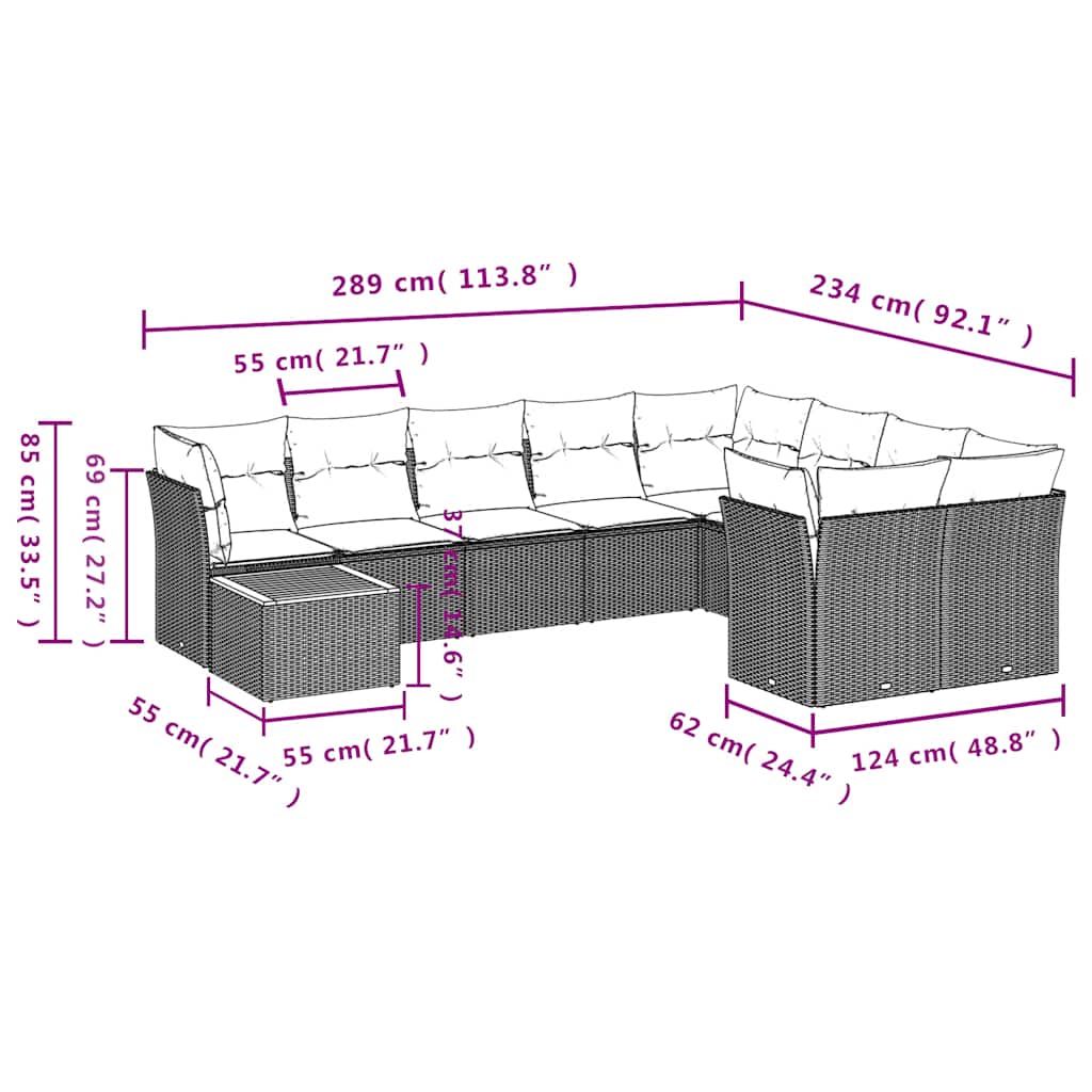 Salon de jardin 10 pcs avec coussins gris résine tressée