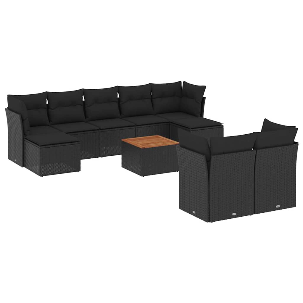 Salon de jardin 10 pcs avec coussins noir résine tressée