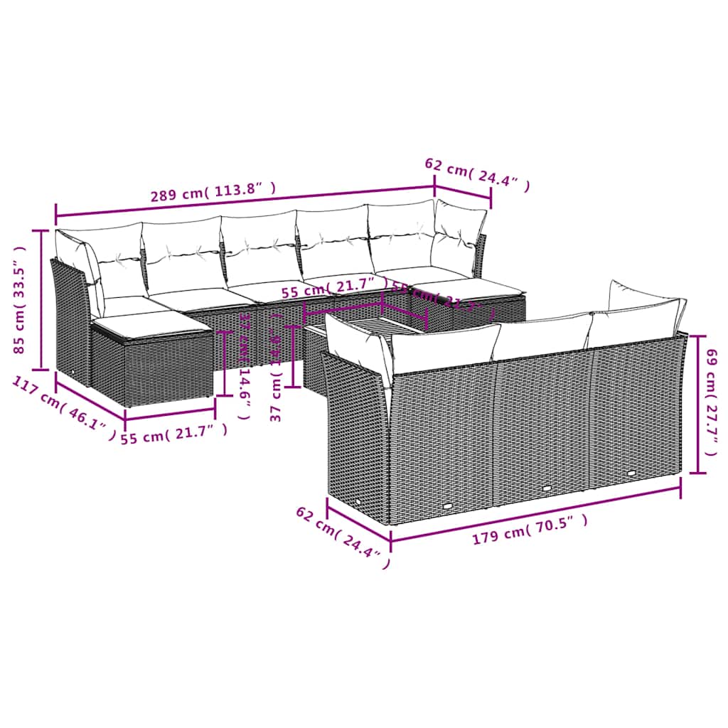 Ensemble de canapé de jardin 11 pcs avec coussins gris résine tressée