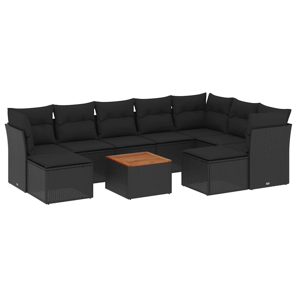 Salon de jardin 10 pcs avec coussins noir résine tressée