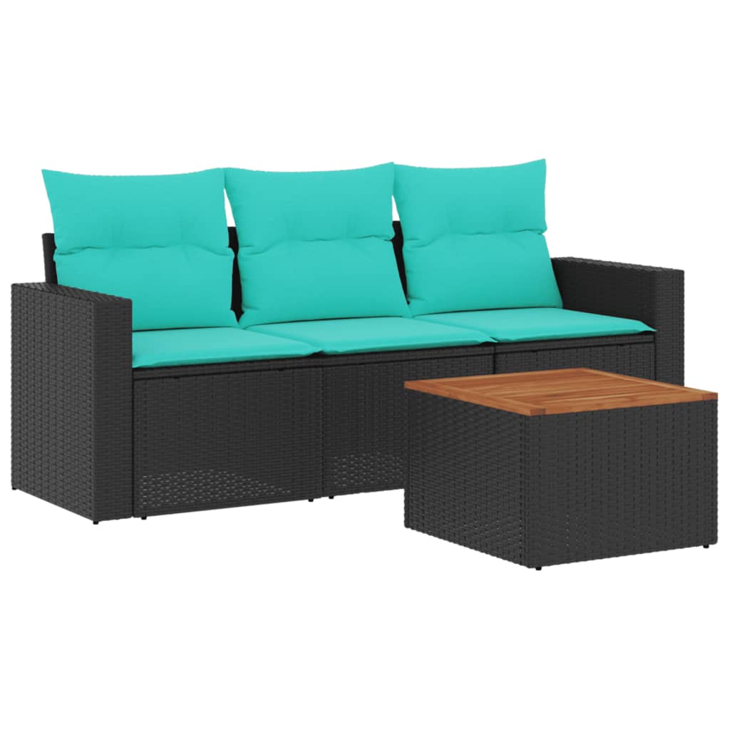 Salon de jardin 4 pcs avec coussins noir résine tressée