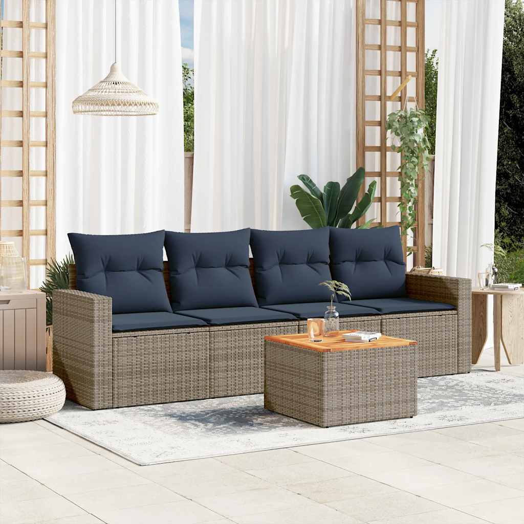 Salon de jardin 5 pcs avec coussins gris résine tressée