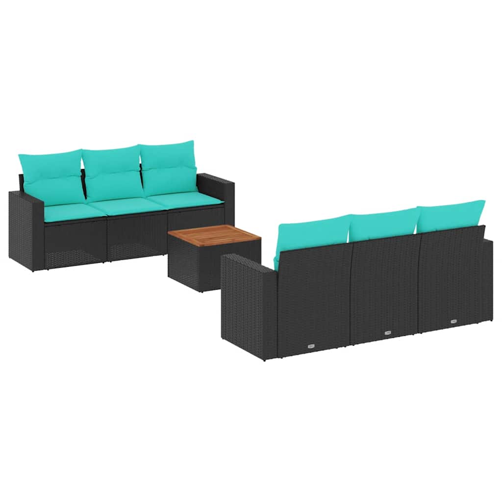 Salon de jardin 7 pcs avec coussins noir résine tressée