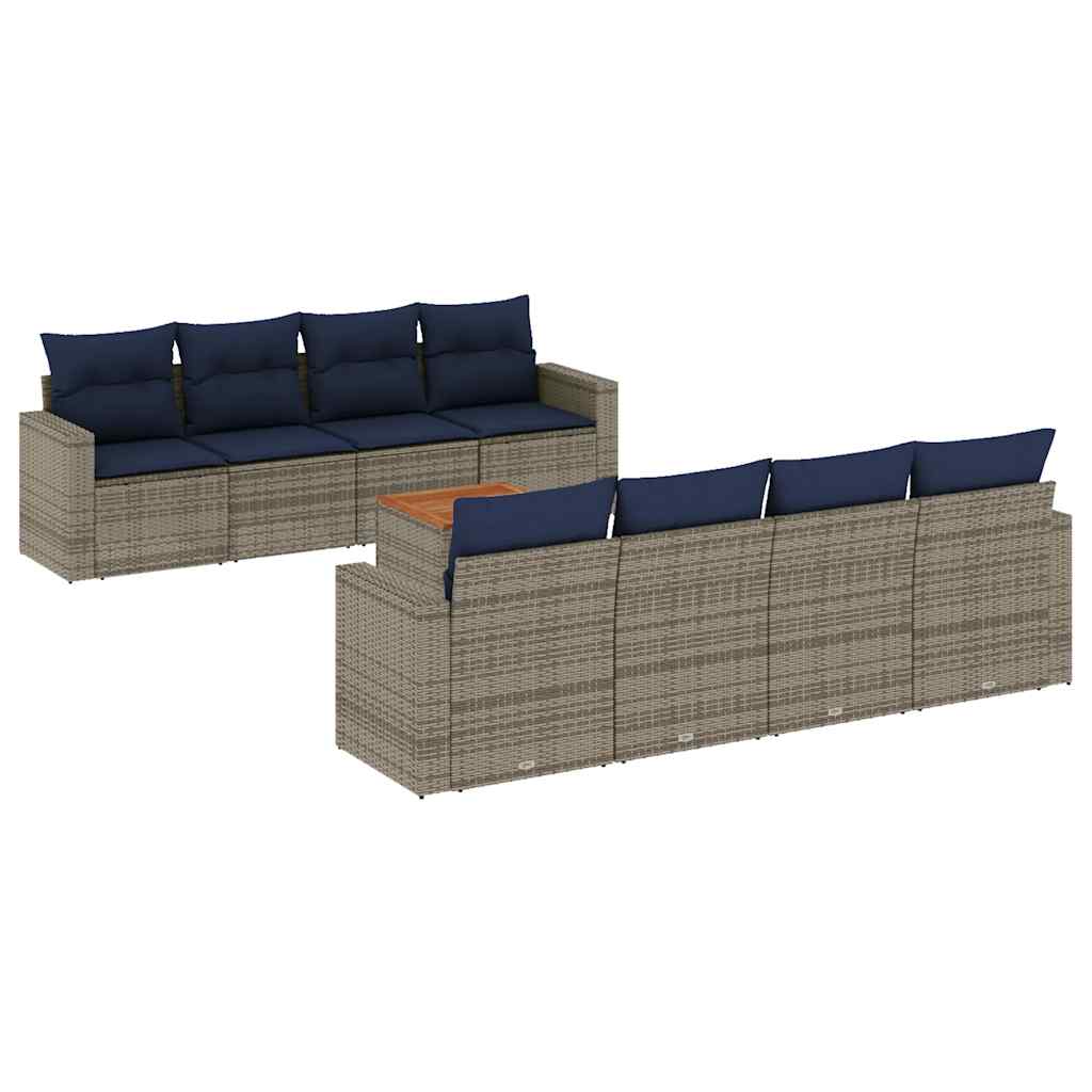 Salon de jardin 9 pcs avec coussins gris résine tressée