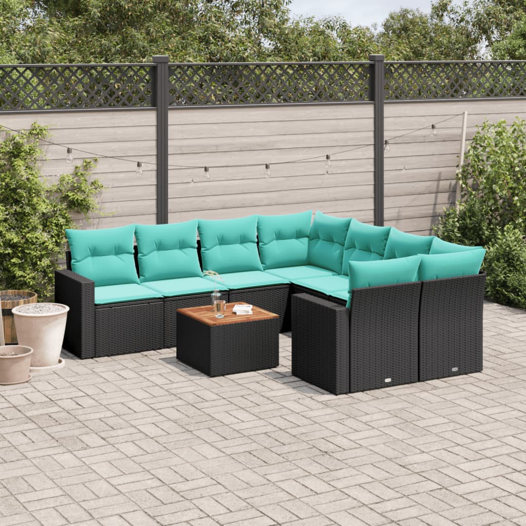 Salon de jardin 9 pcs avec coussins noir résine tressée