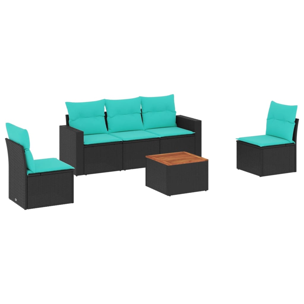 Salon de jardin 6 pcs avec coussins noir résine tressée