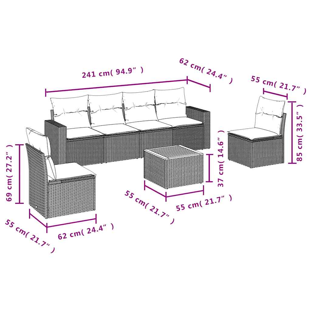 Salon de jardin 7 pcs avec coussins gris résine tressée