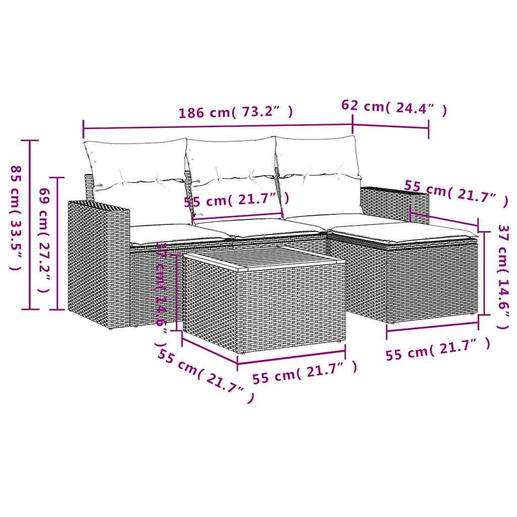Ensemble de canapé de jardin 5 pcs avec coussins gris résine tressée