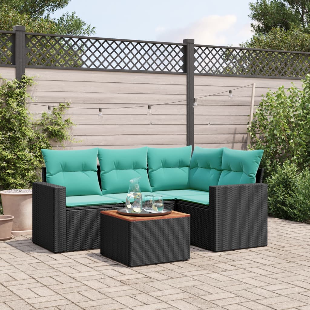 Salon de jardin 5 pcs avec coussins noir résine tressée