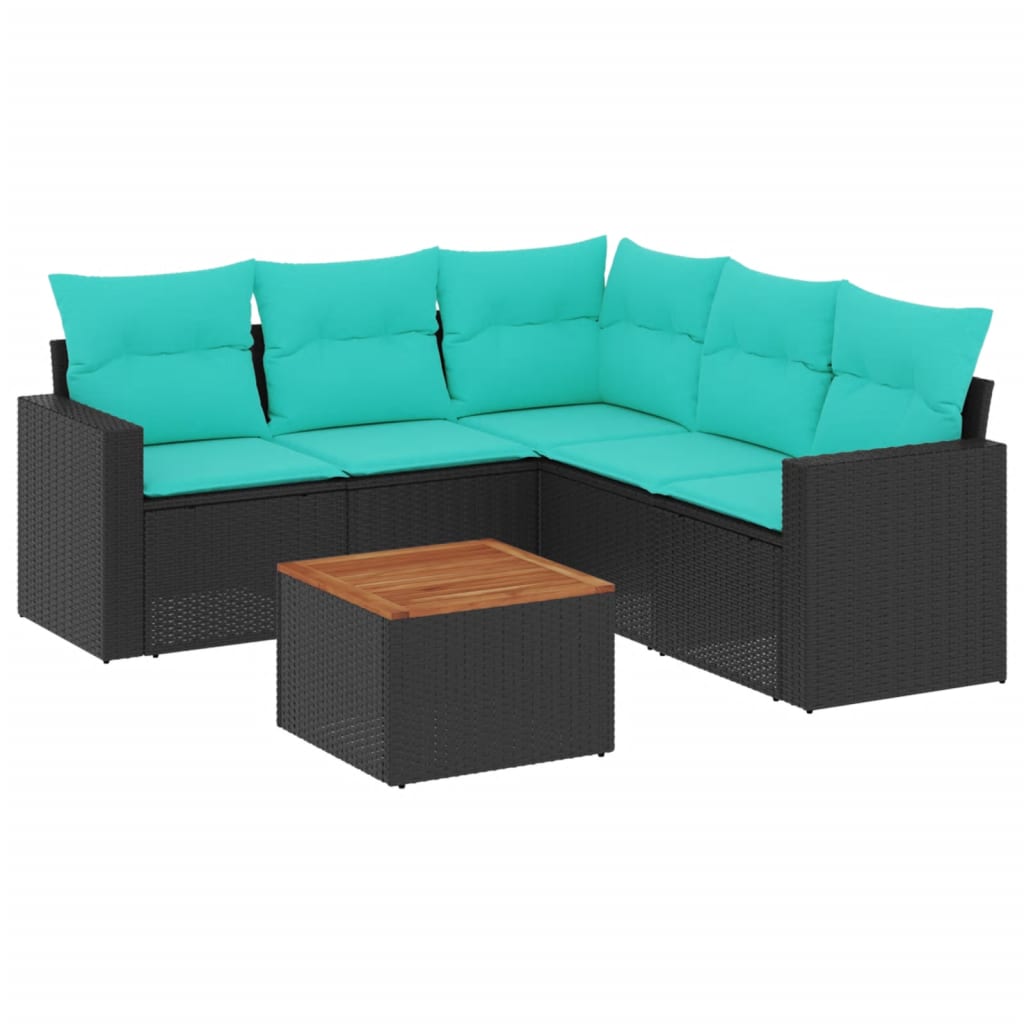 Salon de jardin 6 pcs avec coussins noir résine tressée