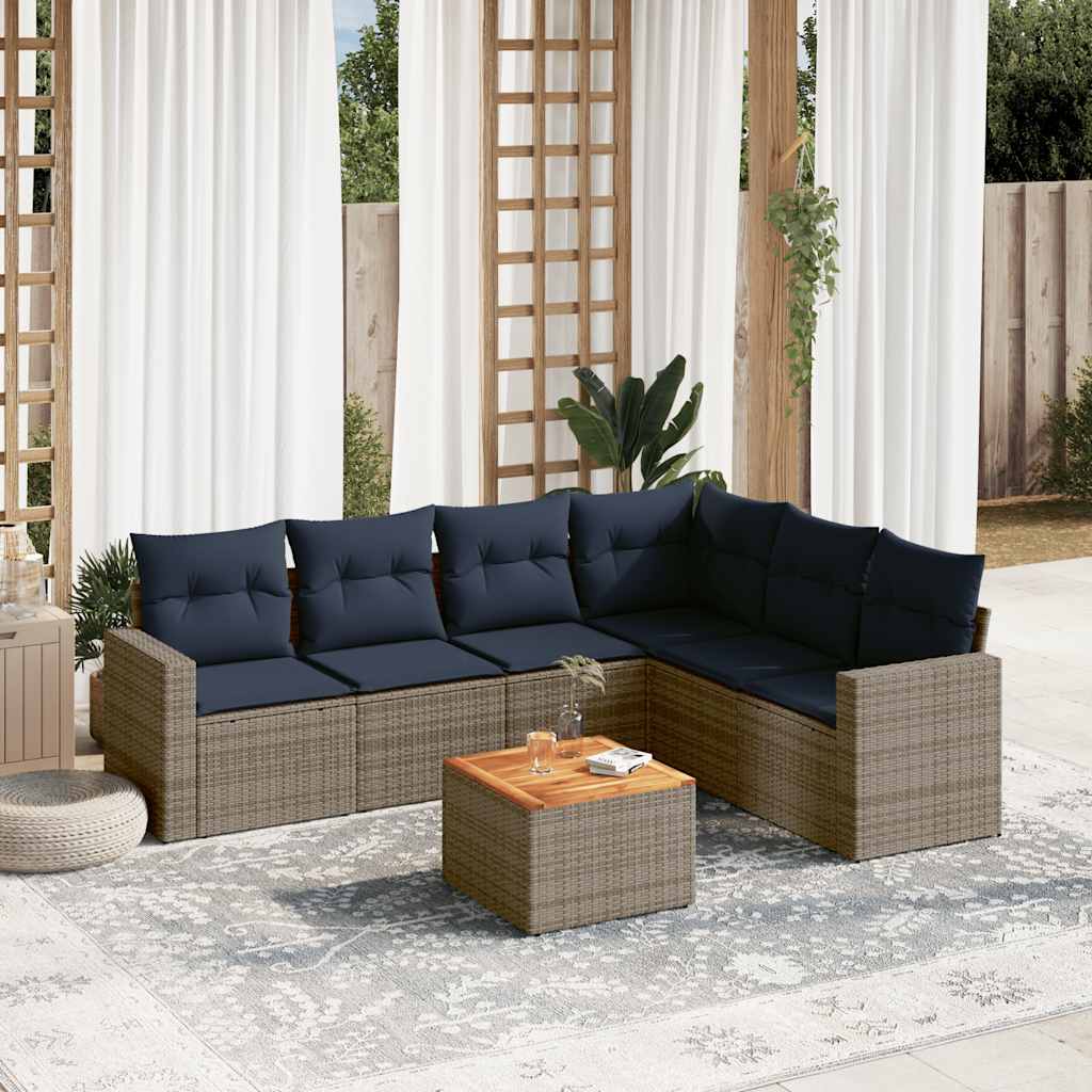 Salon de jardin 7 pcs avec coussins gris résine tressée