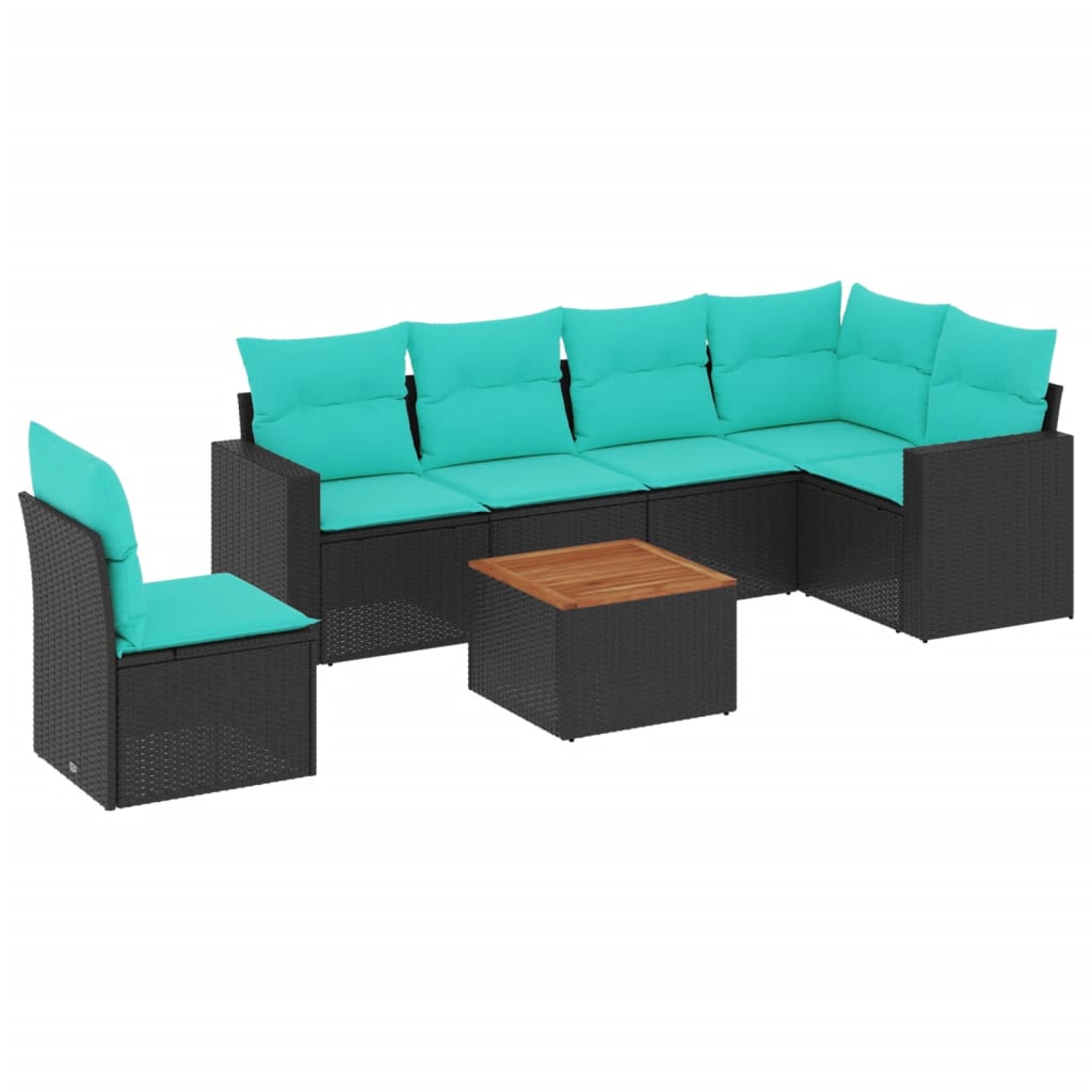Salon de jardin 7 pcs avec coussins noir résine tressée