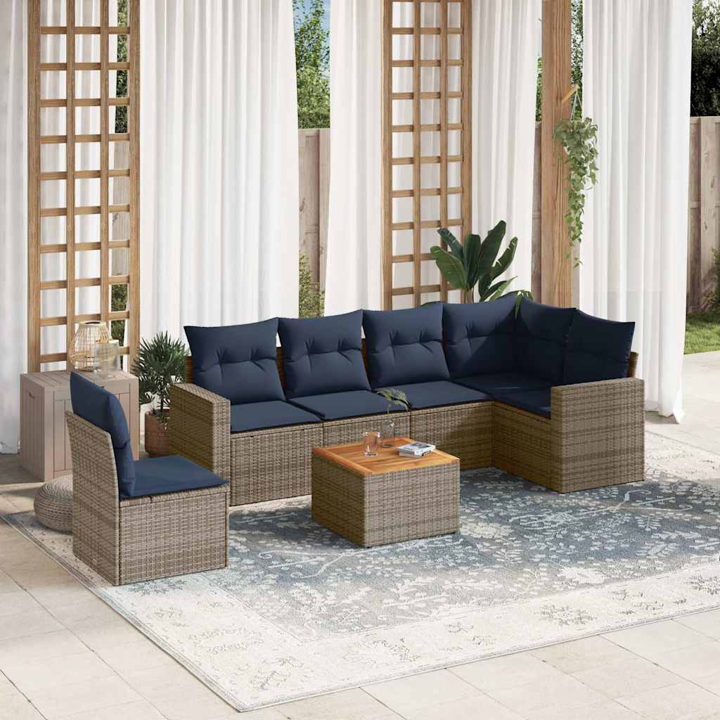 Salon de jardin 7 pcs avec coussins gris résine tressée