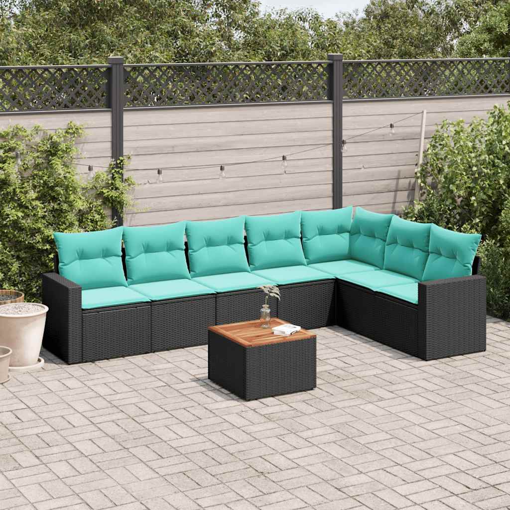 Salon de jardin 8 pcs avec coussins noir résine tressée