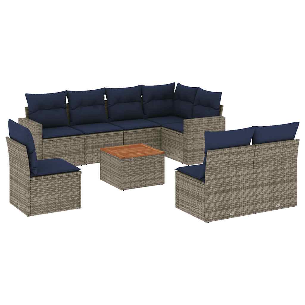 Salon de jardin 9 pcs avec coussins gris résine tressée