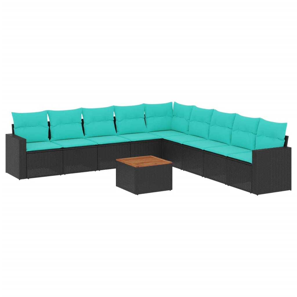 Salon de jardin 10 pcs avec coussins noir résine tressée