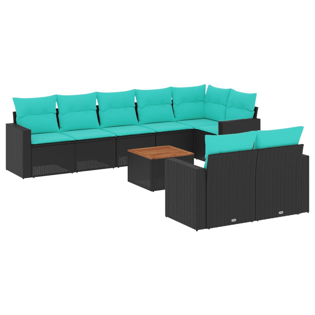Salon de jardin 9 pcs avec coussins noir résine tressée