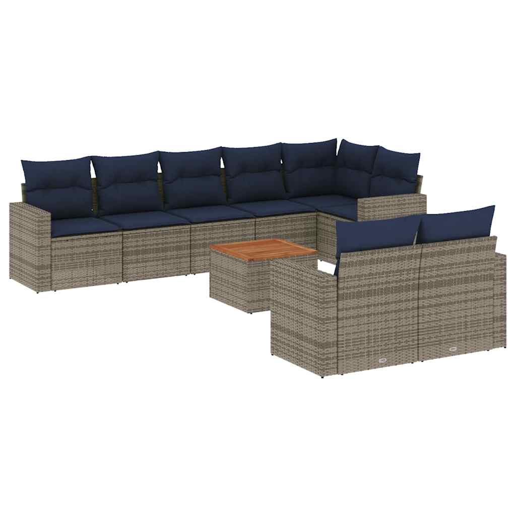 Salon de jardin 9 pcs avec coussins gris résine tressée