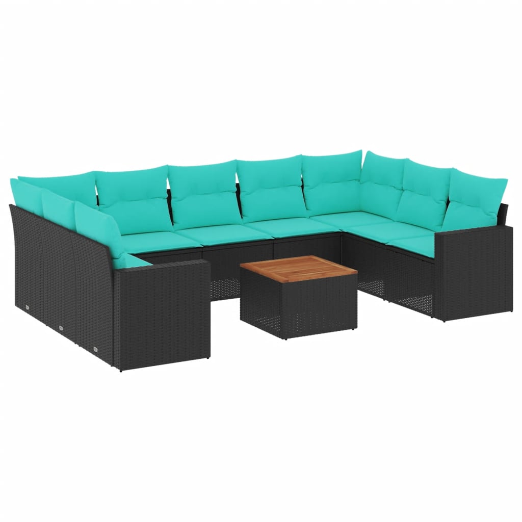 Salon de jardin 10 pcs avec coussins noir résine tressée