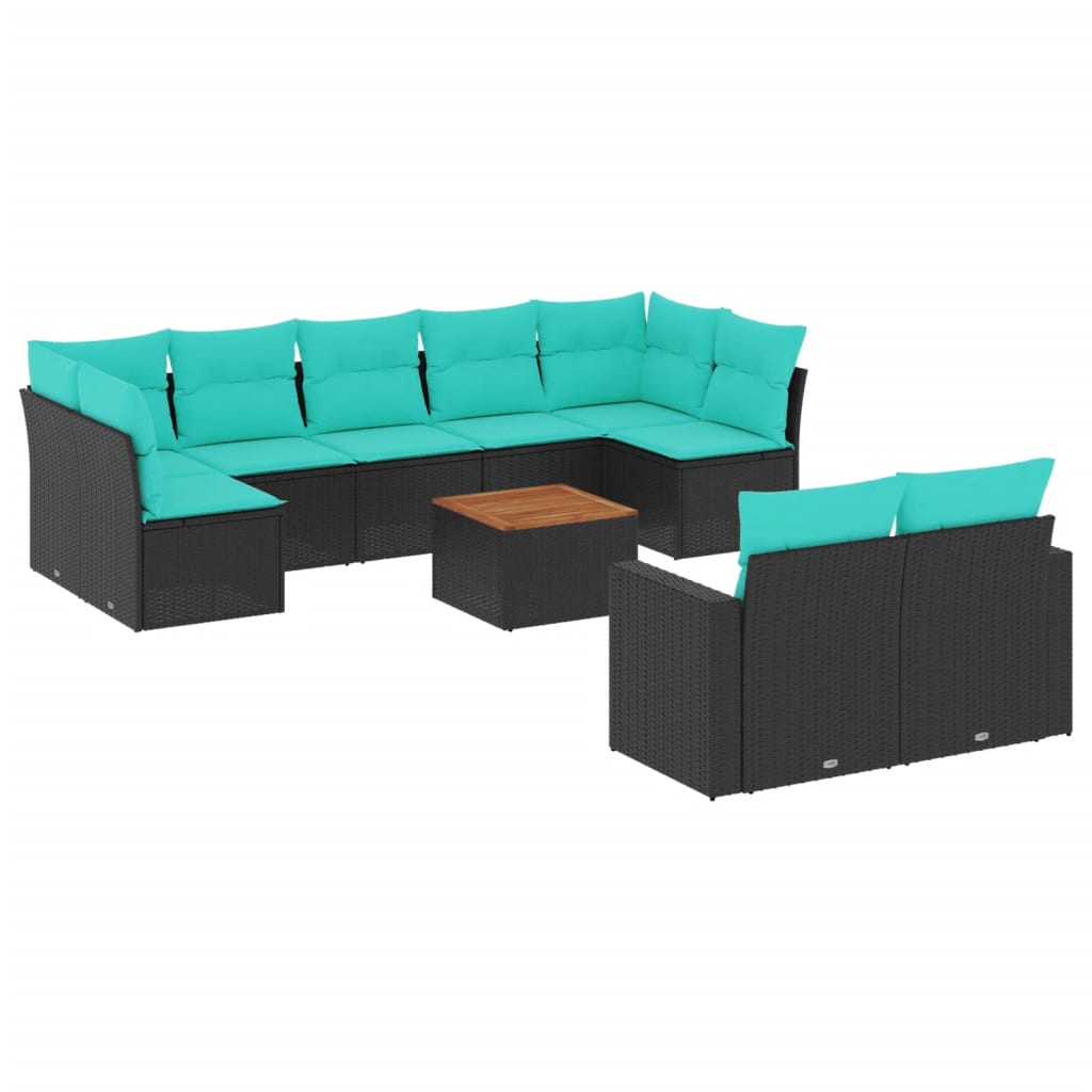Salon de jardin 10 pcs avec coussins noir résine tressée