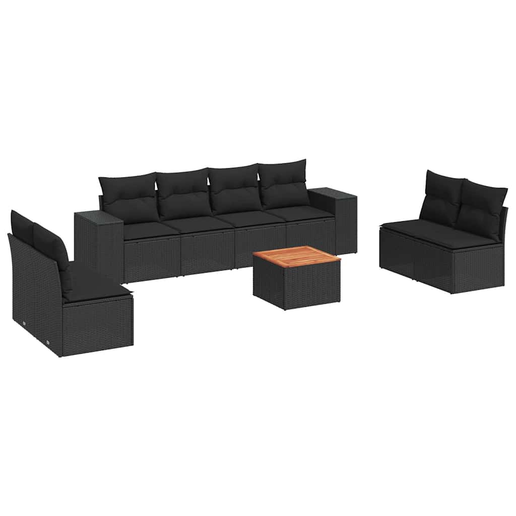 Salon de jardin 9 pcs avec coussins noir résine tressée