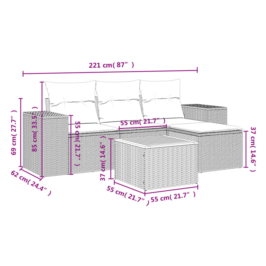 Salon de jardin avec coussins 5 pcs beige résine tressée