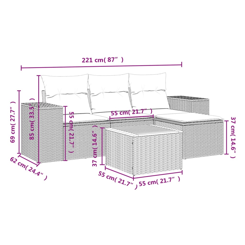 Salon de jardin 5 pcs avec coussins gris résine tressée