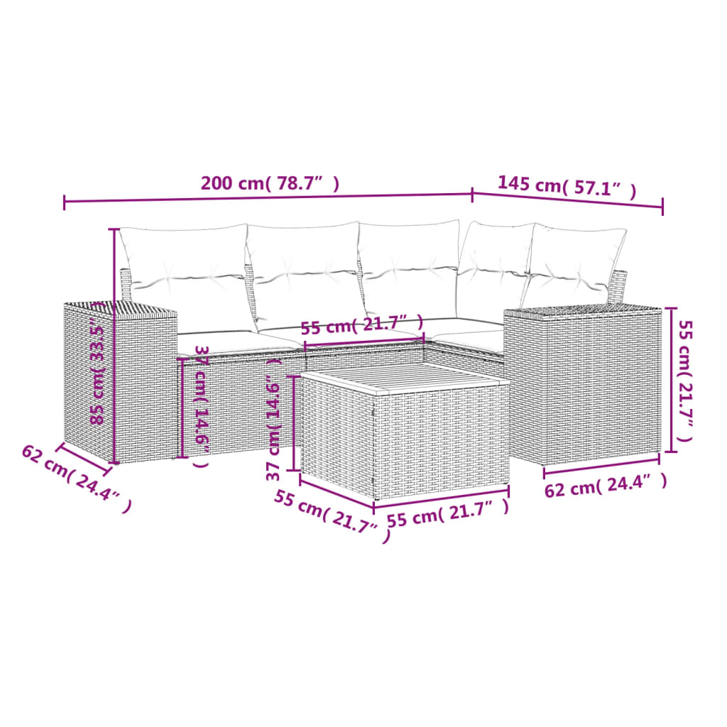 Salon de jardin 5 pcs avec coussins gris résine tressée
