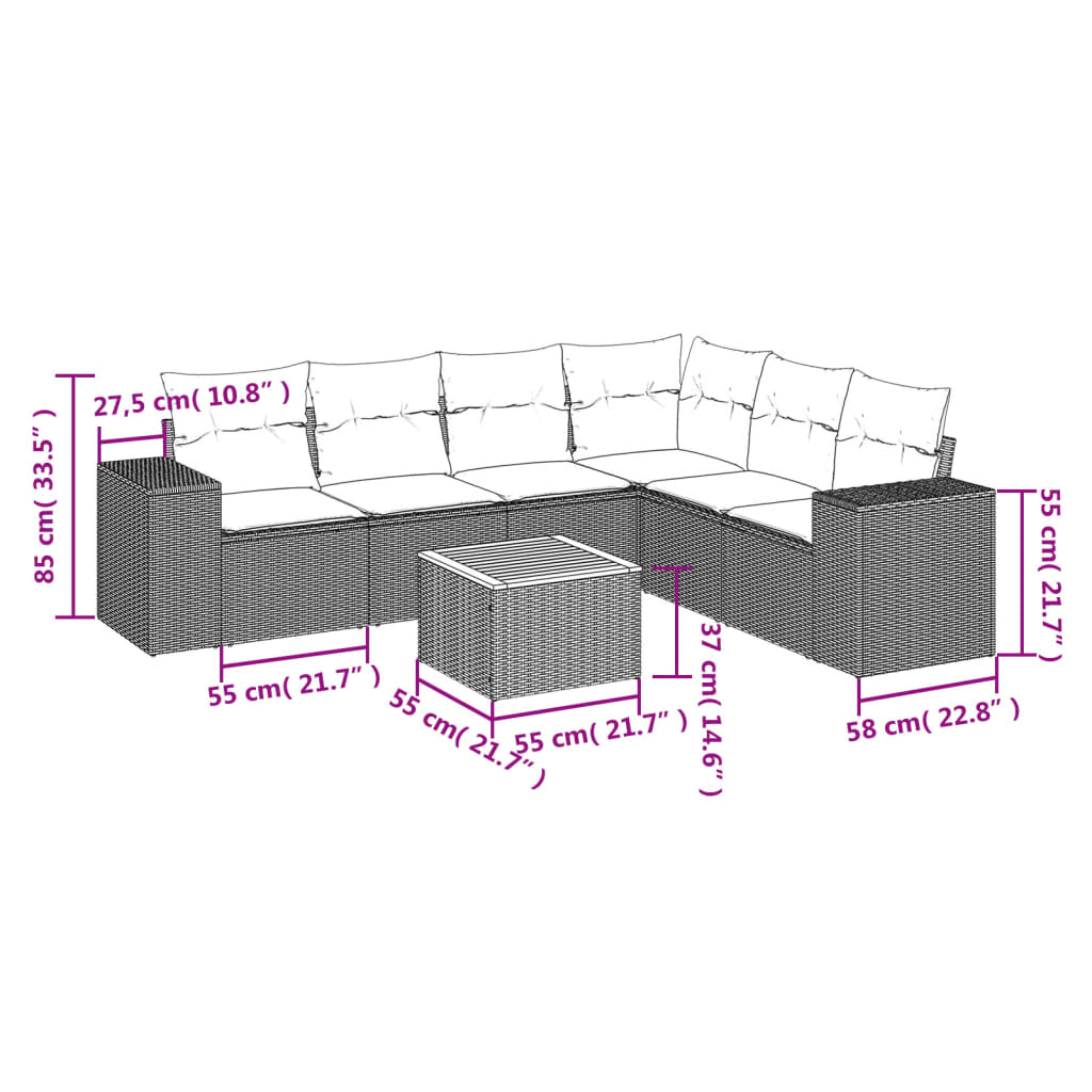 Salon de jardin 7 pcs avec coussins noir résine tressée