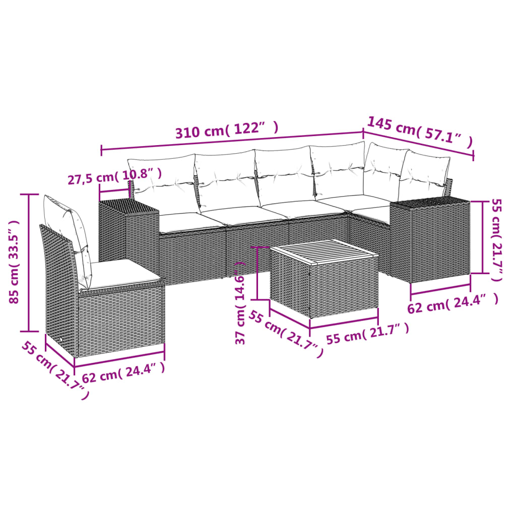 Salon de jardin avec coussins 7 pcs gris résine tressée
