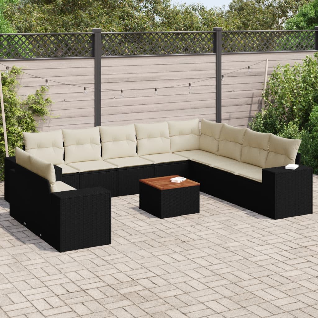 Salon de jardin 11 pcs avec coussins noir résine tressée