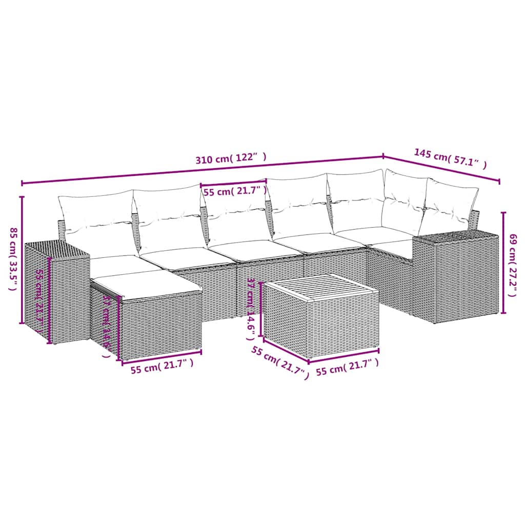 Salon de jardin 8 pcs avec coussins noir résine tressée